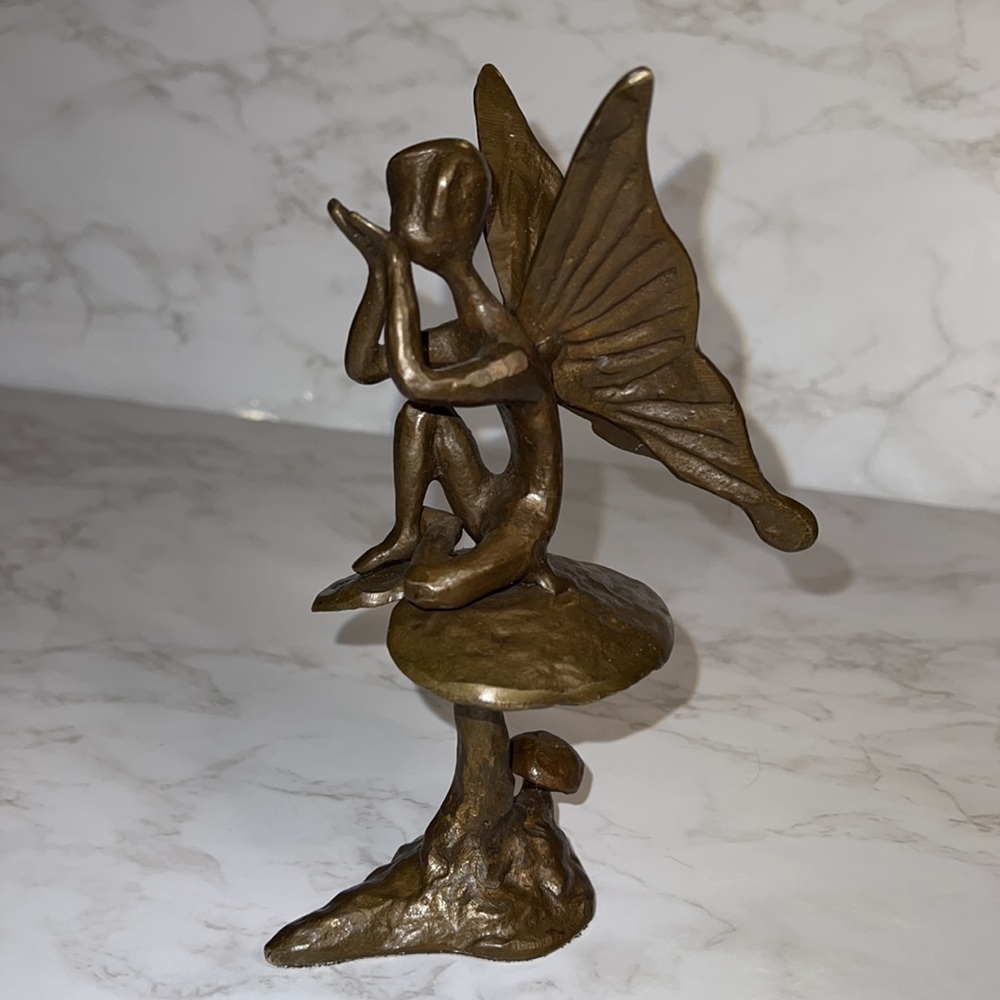 Unique Whimsical Bronze Male Fairy, Blowing Fairy Dust Atop Lilly Pad Mushroom